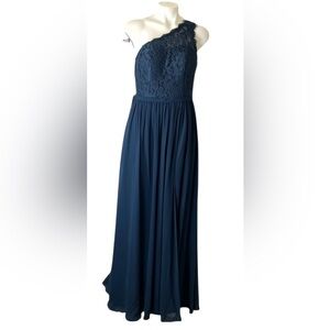 Azazie  Demi one shoulder lace top gown in dark navy size 8 NWT